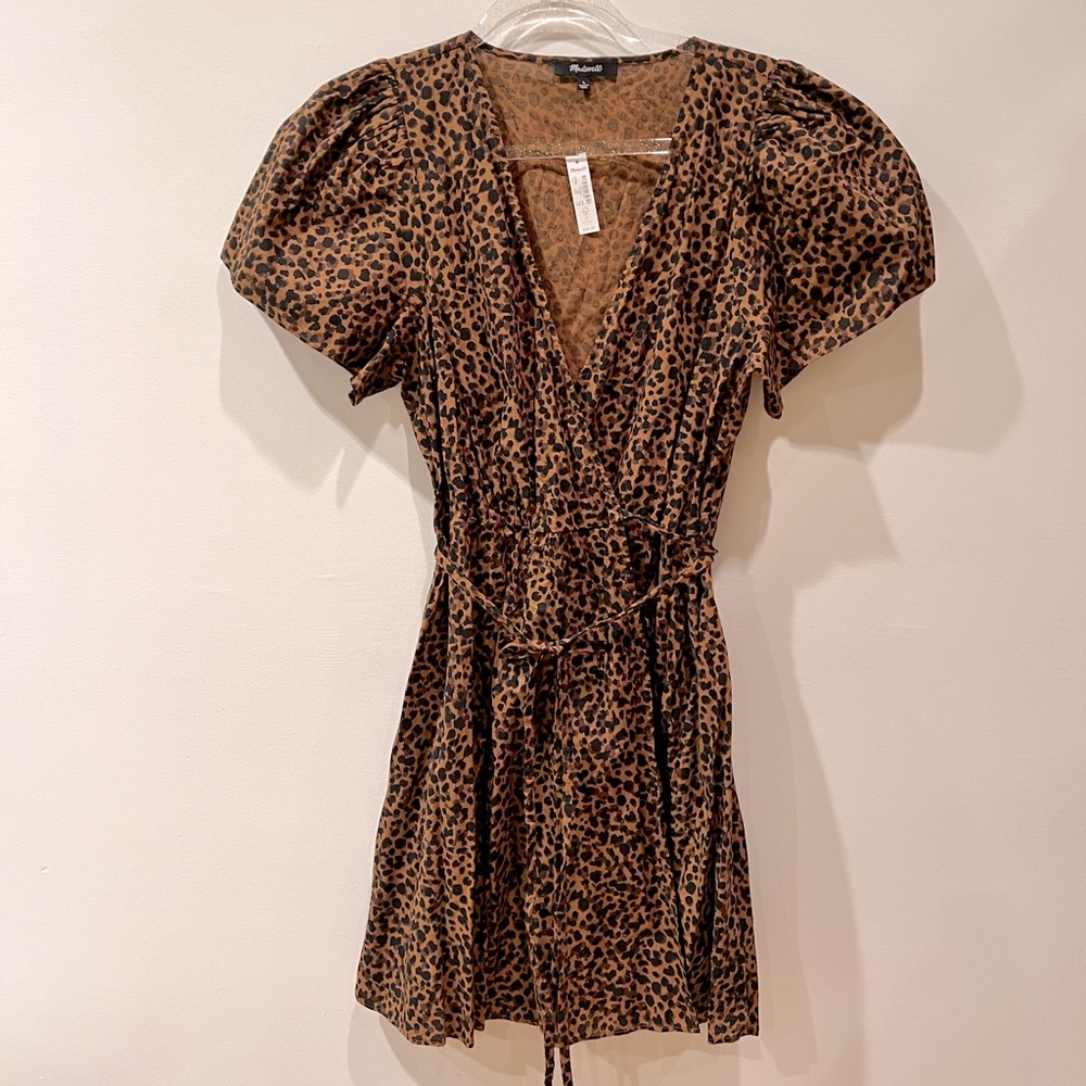 NWT Madewell Painted Leopard Flutter Sleeve Wrap Minidress | size L
